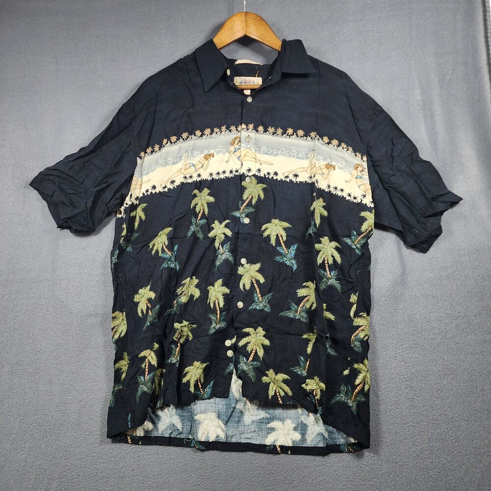 Campia Moda Hawaiian Shirt Men Large Bikinis Novelty Pin Up Palm Trees Beach Vtg